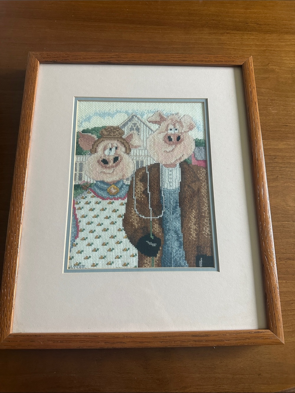 Vintage “Ameripig Gothic” Finished Counted Cross Stitch - Framed & Matted 1980s